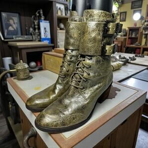 Donald J. Pliner Danti Antique Gold Leather Lace Up Buckled Combat Boots 9.5M